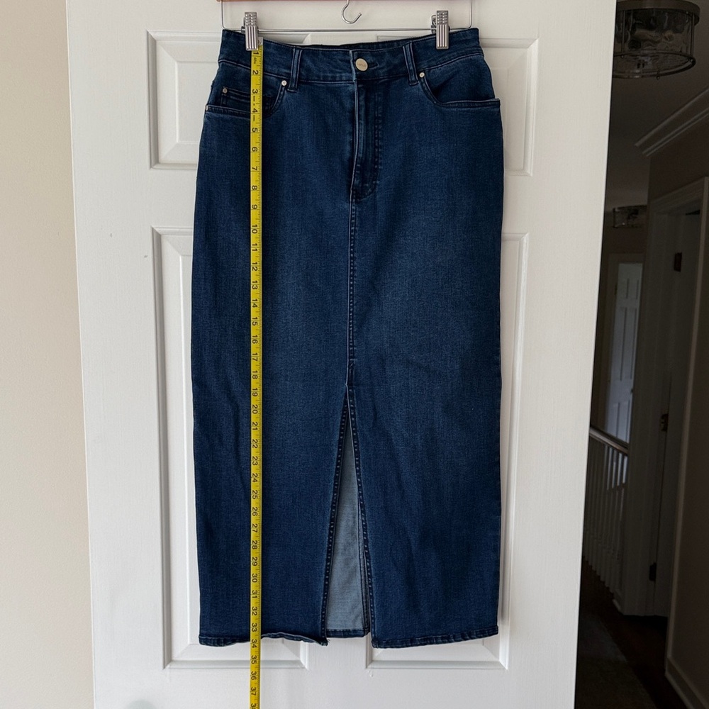 Renuar Dark Blue Denim Midi Skirt with Front Slit